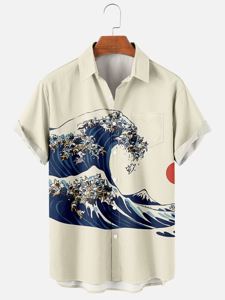

Mens Japanese Ukiyoe Print Round Hem Loose Short Sleeve Hawaiian Shirts, Apricot, Shirts ＆ Blouse
