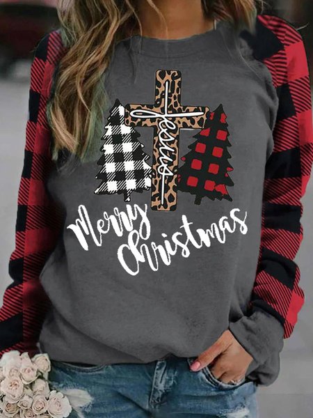 

Merry Christmas Jesus Leopard Cross Plaid Tree Blouse Women's Sweatshirt, Gray, Hoodies&Sweatshirts