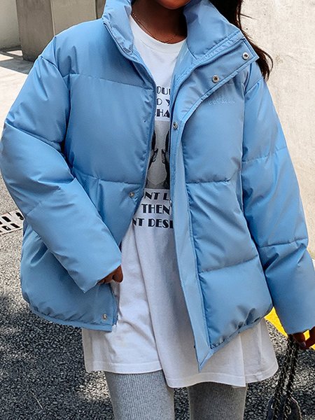 

Blue High Neck Fashion Plain Outerwear, Outerwear