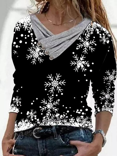 

Christmas Xmas Long Sleeve V Neck Plus Size Printed Tops T-shirts, Black, Tops