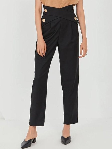 

Elegant Regular Fit Solid Work Pants, Black, Straight Leg Pants