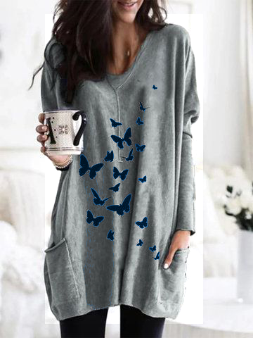

Casual Loosen Butterfly V Neck Shirts & Tops Butterfly pattern mid-length dress, Deep gray, Tops