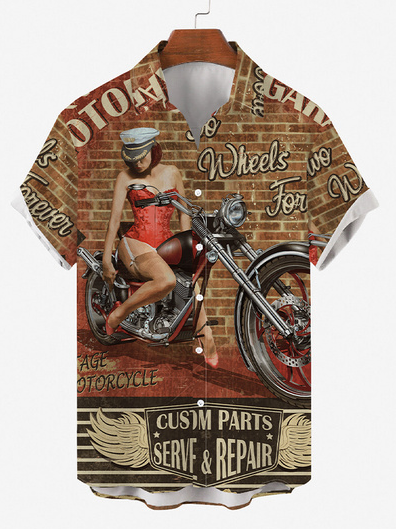 

Shirt Collar Motorcycle Short Sleeve Shirts & Tops, Brown, Men's Floral shirt