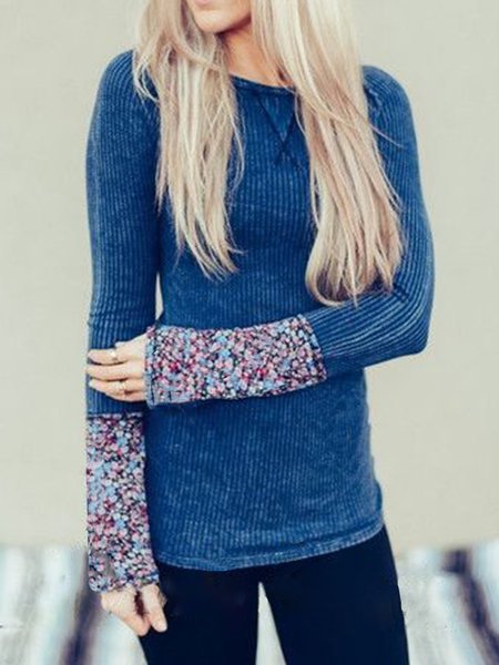 

V Neck Regular Fit Abstract Shirts & Tops（accessory not included）, Blue, Long sleeve tops