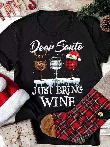

Christmas Dear Santa Just Bring Wine Leopard Plaid Women's T-shirt, Black, T-shirts
