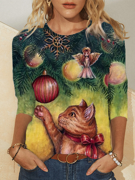 

Plus size Christmas Cat Printed Shirts & Tops, Multicolor, T-Shirts