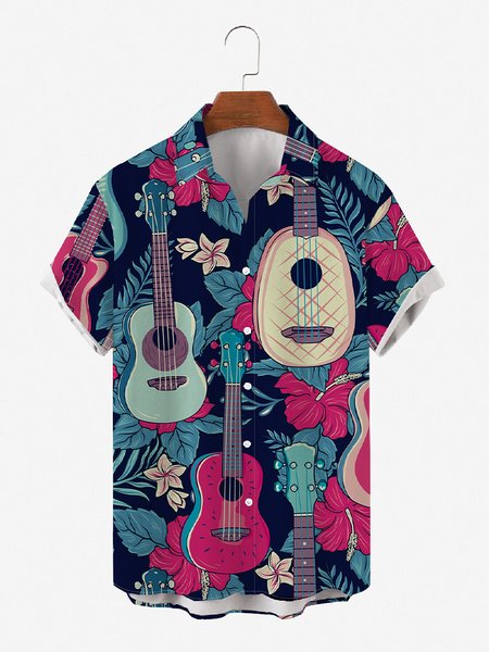 

Mens Guitar Music Print Round Hem Loose Short Sleeve Hawaiian Shirts, Blue, Men's Floral shirt