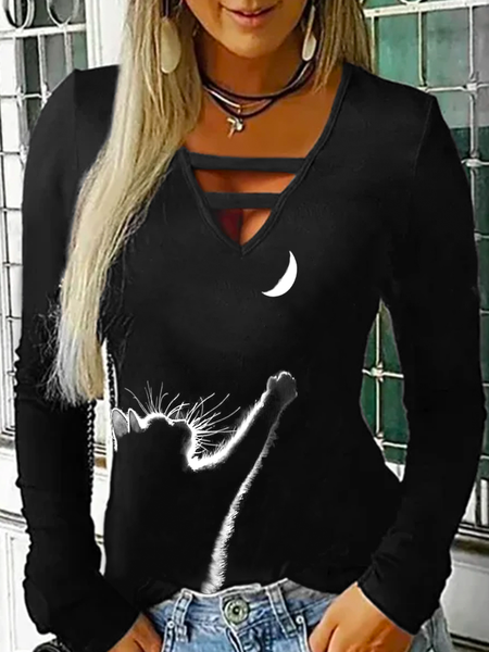 

Plus size Cat Printed V Neck Shirts & Tops, Black, T-Shirts