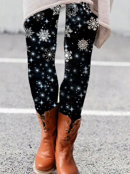 

Snowflake Printed Elastic Waist Casual Skinny Leggings, Black, Leggings