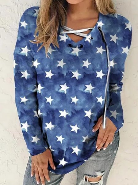 

Stars Printed Casual V Neck Long Sleeve Shirts & Tops, Blue, Tops