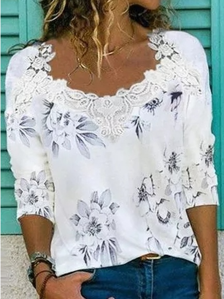 

Casual Floral V Neck Shirts & Tops, White, Tees & T-shirts