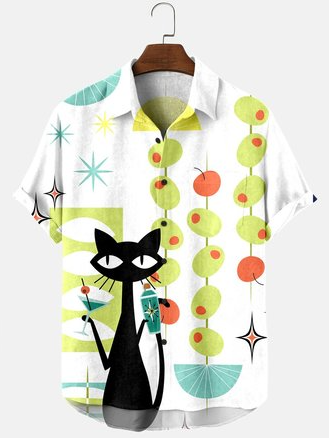 

Short Sleeve Cat Shirt Collar Shirt & Top, Green, Men's Floral shirt
