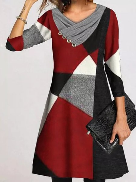 

Color Block Printed Cowl Neck Casual A-line Dresses, Black-red, Mini Dresses