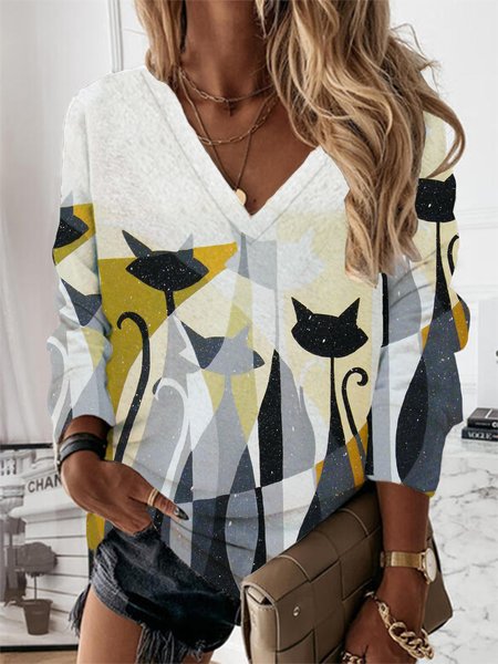 

Loosen Cat Color Block Shirts & Tops, As picture, Tops