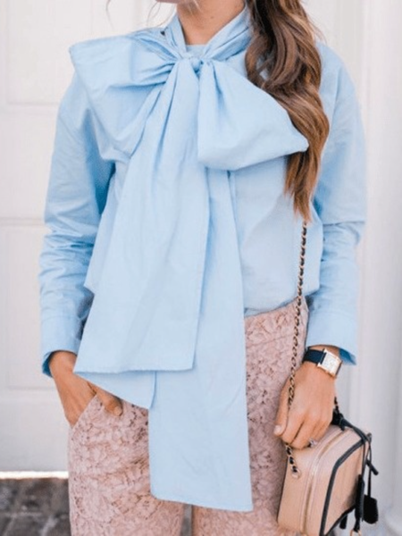 

Winter Elegant Plain Mid-weight Work Formal Date Tops, Blue, Blouses and Shirts