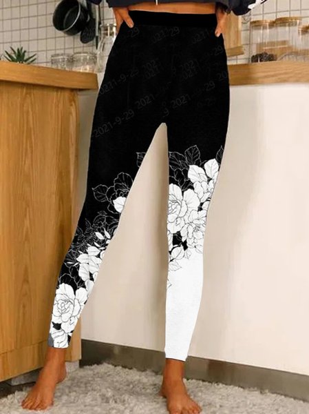

Cotton Blends Floral Floral Skinny Pants, Black, Leggings