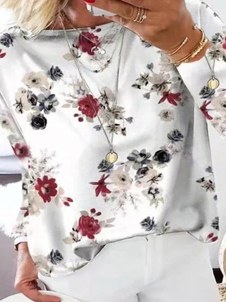 

Floral Crew Neck Casual Shirts & Tops, White, Long sleeve tops