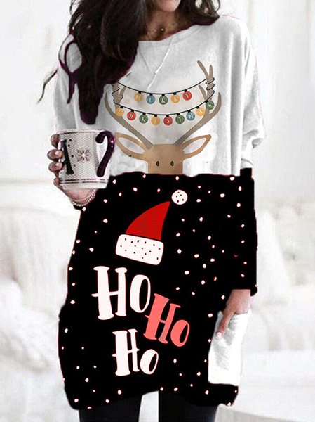 

Christmas Cotton Casual Crew Neck Dresses, Gray, Casual Dresses