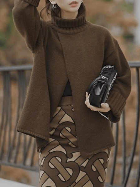 

Winter Simple Loosen High Neck Long sleeve Daily Sweater, Coffee, Pullovers