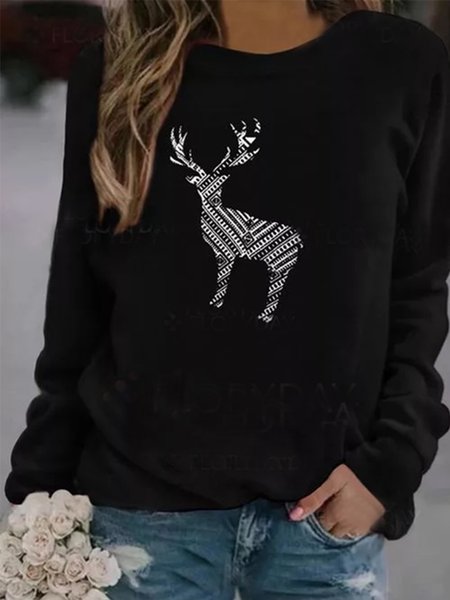 

Casual Round Neck Cartoon Shirts & Tops, Black, Long sleeve tops