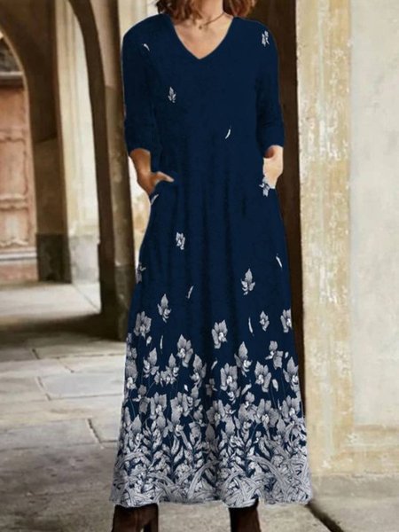 

Casual Long Sleeve V Neck Printed Dresses, Multicolor, Maxi Dresses