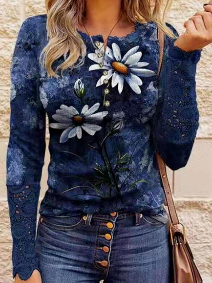 

Floral Cotton Blends Raglan Sleeve Shirts & Tops, Navy blue, Long sleeve tops