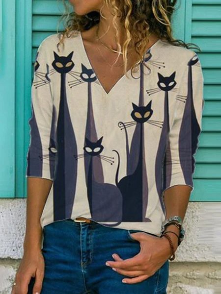

Long Sleeve V Neck Printed Casual Shirts & Tops, Khaki, T-Shirts
