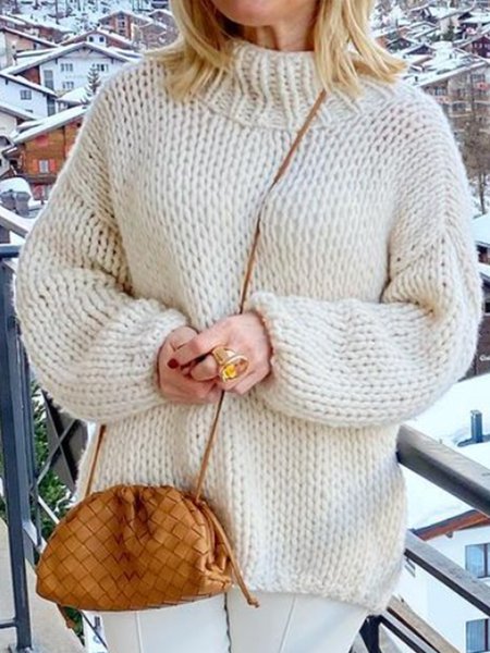 

Casual High Neck Sweater, White, Sweaters & Cardigans