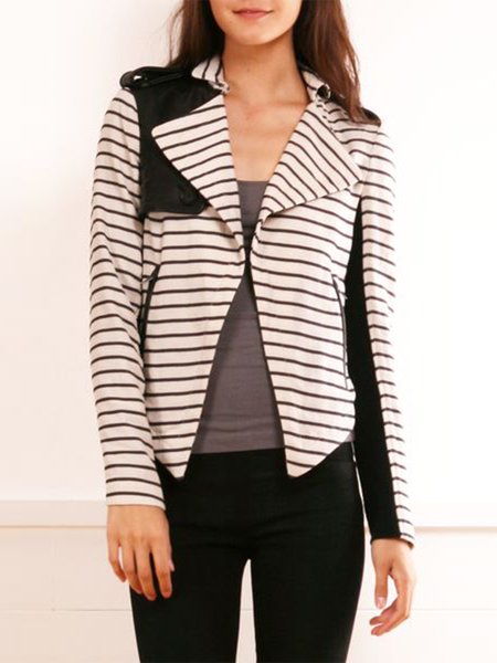 

Long Sleeve Work Striped Lapel Outerwear, Black-white, Jackets