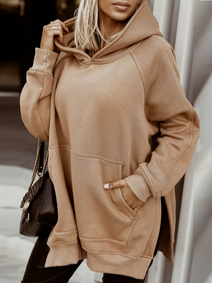 

Raglan Sleeve Pocket Detail Split Hem Hoodie, Khaki, Sweatshirts & Hoodies