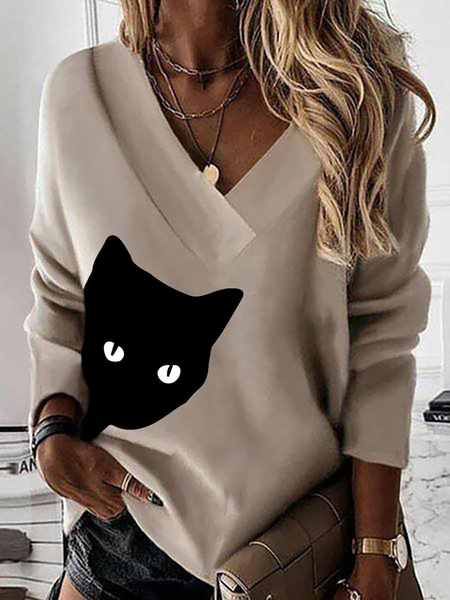 

Plus size Cat Printed Casual Sweatshirt, Khaki, Hoodies & Sweatshirts