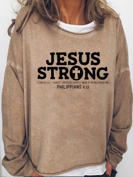 

Jesus Strong Bible Verse Cotton Blends Casual Sweatshirt, Light brown, Hoodies&Sweatshirts