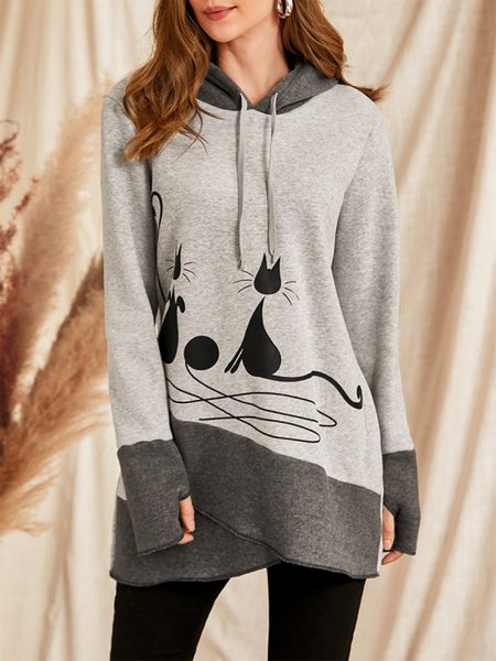 

Cat Print Two-tone Long Sleeve Hoodie, Gray, Sweatshirts & Hoodies