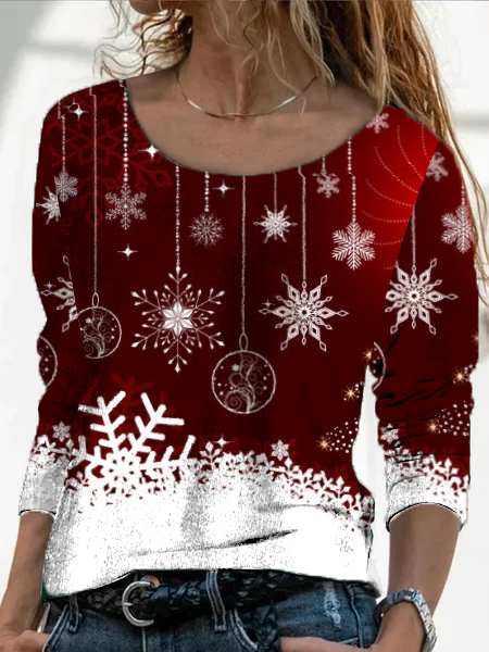 

Christmas Casual Regular Fit Scoop neckline Long sleeve Shirts & Tops, Red, Long sleeve tops