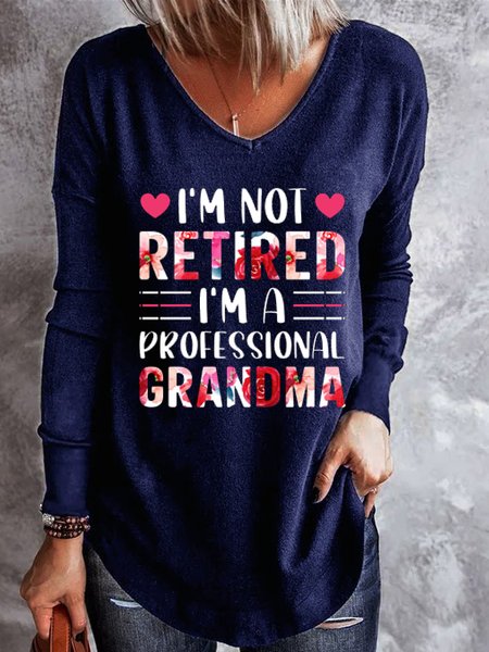 

Grandma's funny text print V-neck long-sleeved shirt, Purplish blue, Hoodies&Sweatshirts