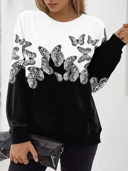 

Casual Crew Neck Loosen Sweatshirt Butterfly black and white pattern contrast sweater, Hoodies & Sweatshirts