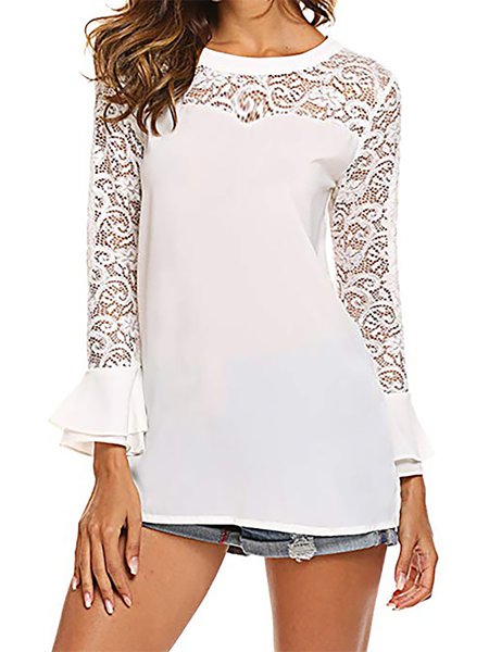 Lace Long Sleeves Solid Shirts & Tops, White, Tops