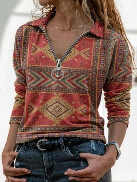 

Vintage Geometric Tribal Printed Long Sleeves Plus Size Casual Tops, Red, T-Shirts