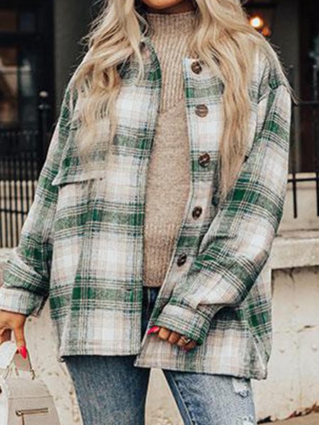 

Long sleeve Lapel geometric Vintage Plaid medium length jacket Plus Size, Green, Jackets