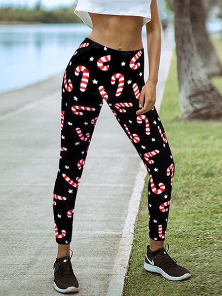 

High waist christmas print workout running leggings, Black, Leggings