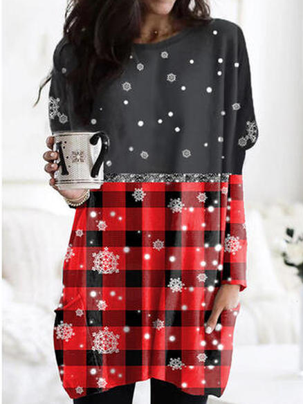 

Crew Neck Grid Casual Shirts & Tops, Black-red, Long sleeve tops