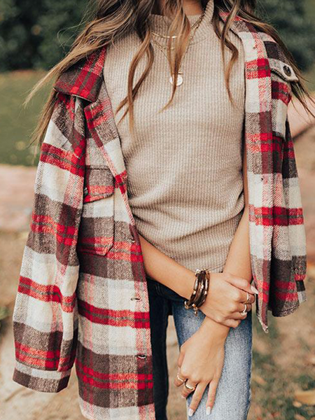 

Plus Size Long sleeve lapel vintage geometric Plaid medium length jacket, Red, Jackets