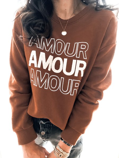 

Loosen Letter Casual Off Shoulder Sweatshirt（accessory not included）, Brown, Sweatshirts & Hoodies
