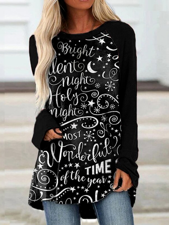 

Christmas Letter Cotton Blends Regular Fit Casual T-shirt, Black, Long sleeve tops