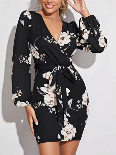 

Slim Fit Puff Sleeve V Neck Dresses, Black, Floral Dresses