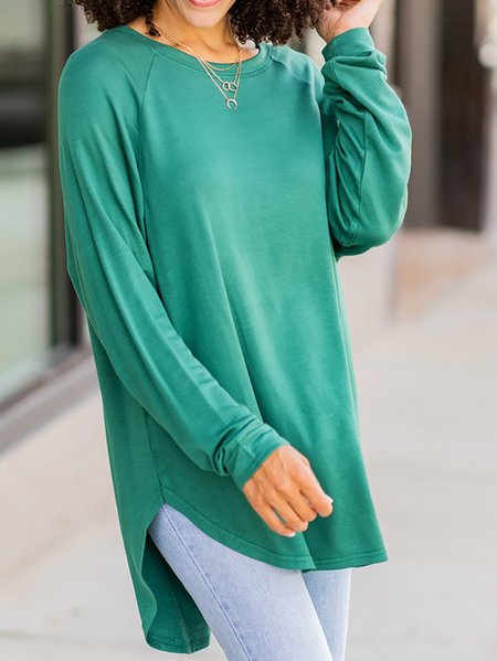 

Casual Simple Loosen Raglan Sleeve Round Neck Green Tunic Tops, Long sleeve tops