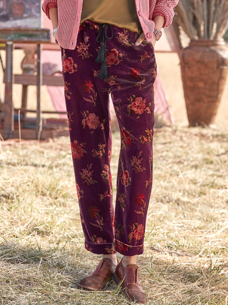 

Loosen Vintage Pants Fuchsia retro flower pattern straight-leg pants, Purplish red, Pants