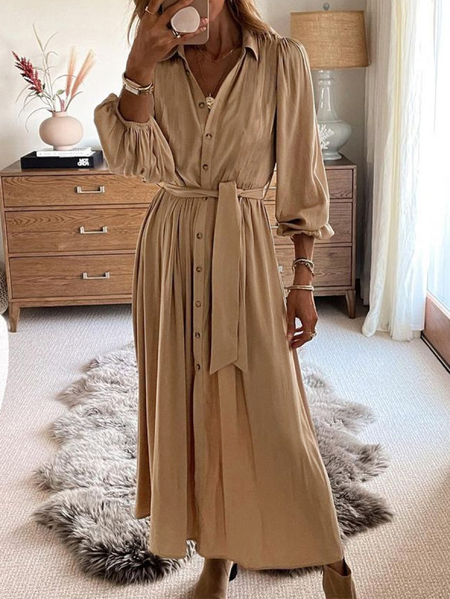 

Fashion Solid Color V-neck Maxi Dress Women, Khaki, Casual Dresses
