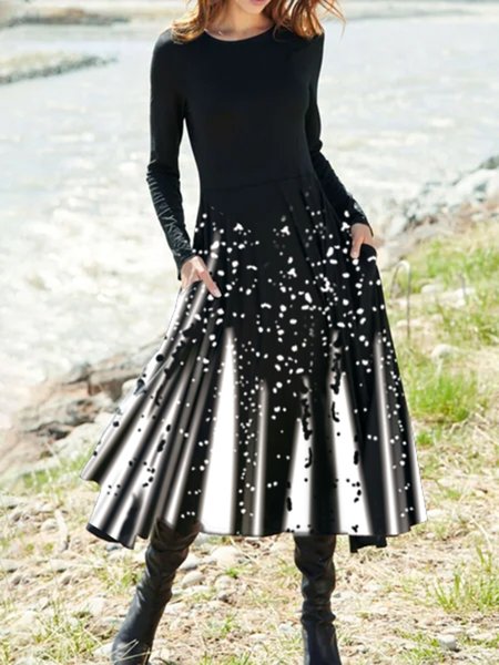 

Long Sleeve Printed Crew Neck Casual Dresses, Black, Midi Dresses
