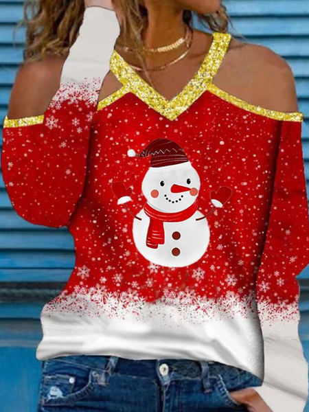 

V Neck Christmas Snowman Shirts & Tops, Red, Tops